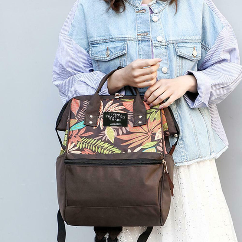 Tropical Plant Print Travel Backpacks Nylon Women School Bags (Dark Brown)