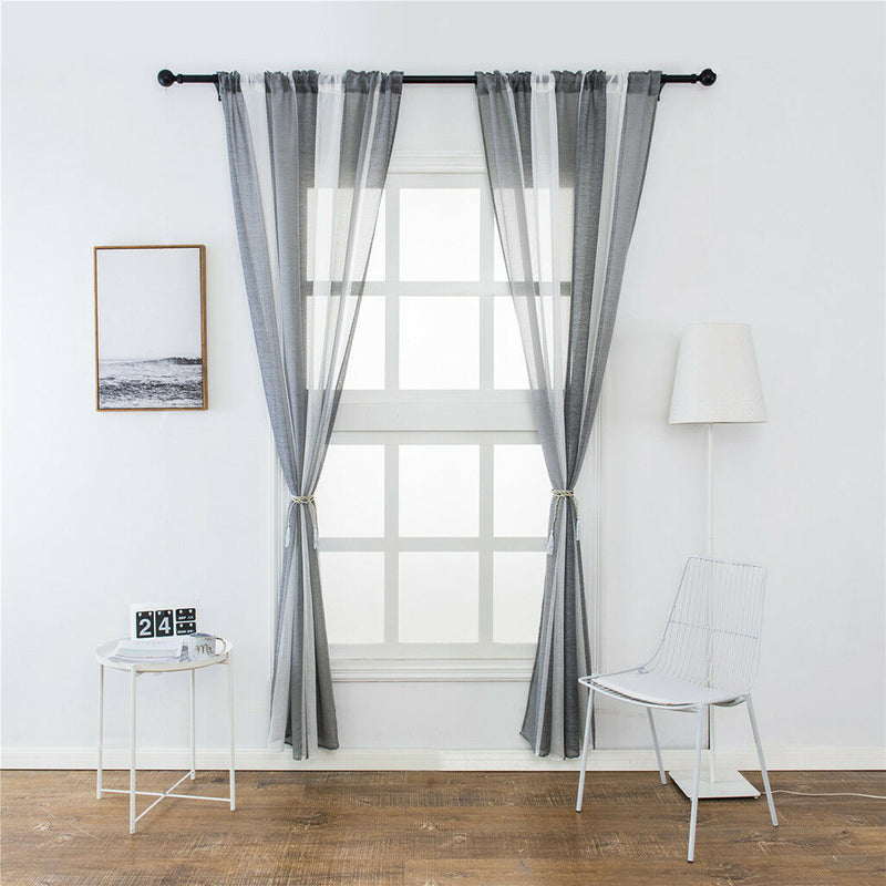 2xColourful Stripes Bedroom Sheer Curtains Faux Linen Voile Curtains~Color_3