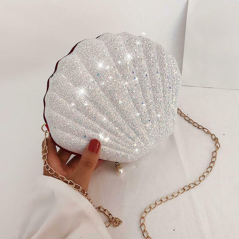 Cute Sequin Shoulder Handbags Women Small Chain Shell Crossbody Bag (White)