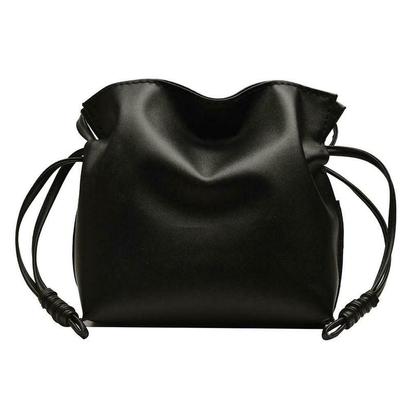 Solid Color Shoulder Handbags Women Leather Drawstring Satchel Bags (Black)