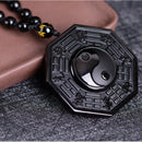 Natural Obsidian Hand Carved Chinese Taiji-Bagua Lucky Amulet Pendant Necklace