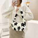 Women Fluffy Shoulder Bag Solid Plush Handbags Female Winter Totes (Flower)