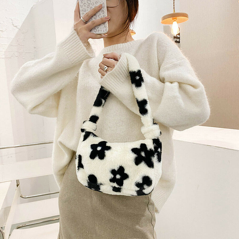 Women Fluffy Shoulder Bag Solid Plush Handbags Female Winter Totes (Flower)