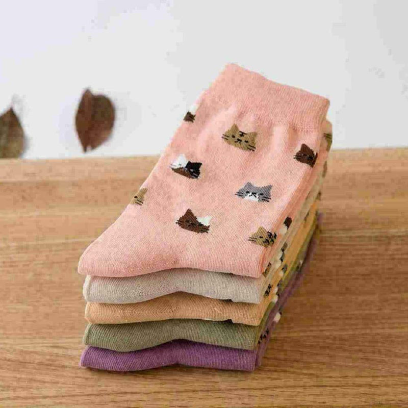 1 Pair Women Cute Cat Pattern Cotton Socks Anti-slip Multi-colo Breathable P8E4