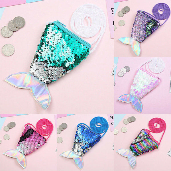 Girls kids mermaid tail crossbody bags coin purse wallet card holder storageOZ