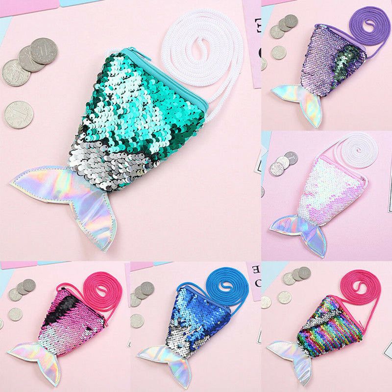 Girls kids mermaid tail crossbody bags coin purse wallet card holder storageOZ