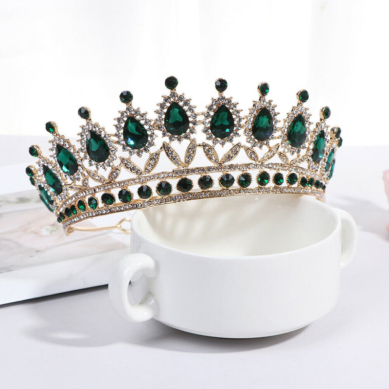 Luxury Green Crystal Baroque Diadem Rhinestone Bridal Crowns Pageant Jewelry Gw