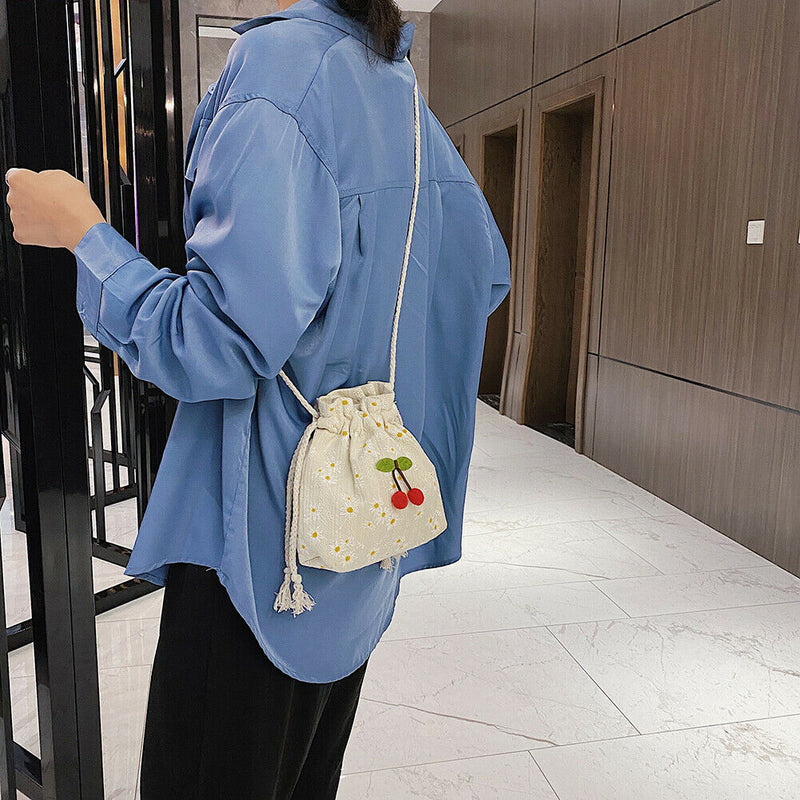 Women Drawstring Shoulder Bags Daisy Print Cherry Small Crossbody Pocket