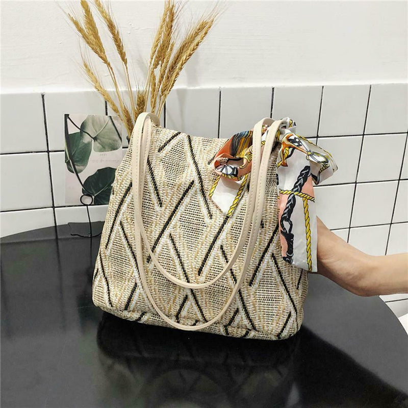 Silk Decor Shoulder Handbags Straw Women Top-handle Shopping Totes (Beige) A