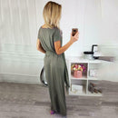 Short Sleeve Women Dress V-neck Binding Women Maxi Dresses (Army Green M) A