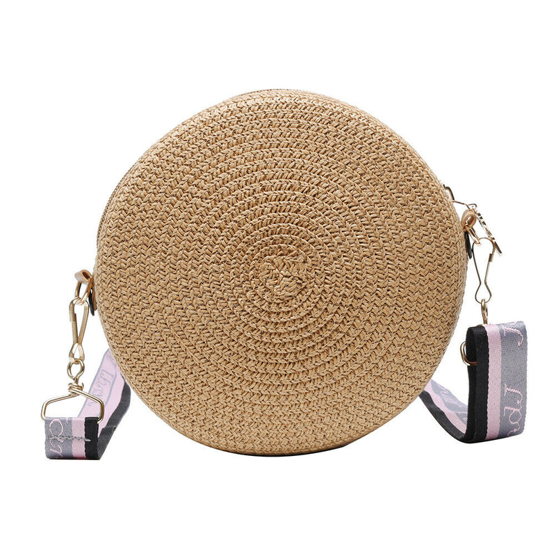 Handmade Straw Weave Round Women Small Beach Shoulder Bags (Dark Khaki)