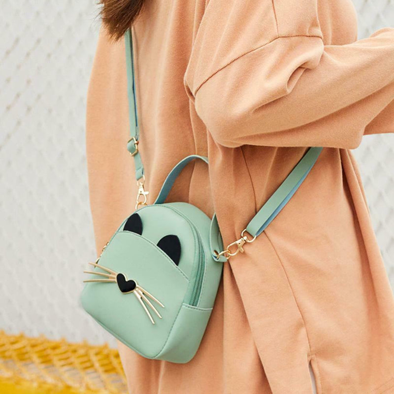 Women PU Leather Crossbody Messenger Bag Cute Cat Shoulder Backpack (Green)