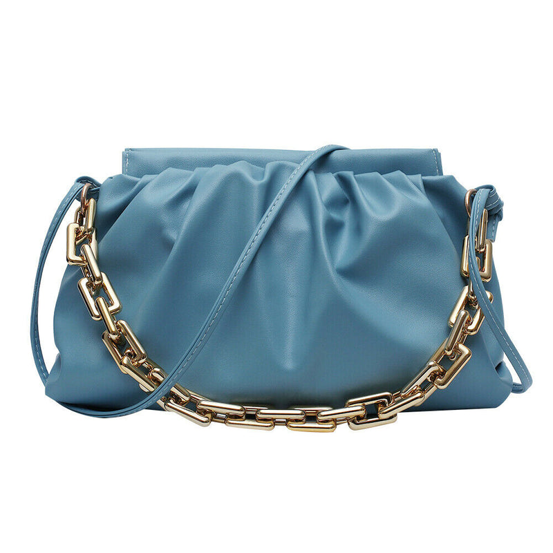 Women Pleated Shoulder Bag Chain Totes PU Cloud Messenger Handbag (Blue)