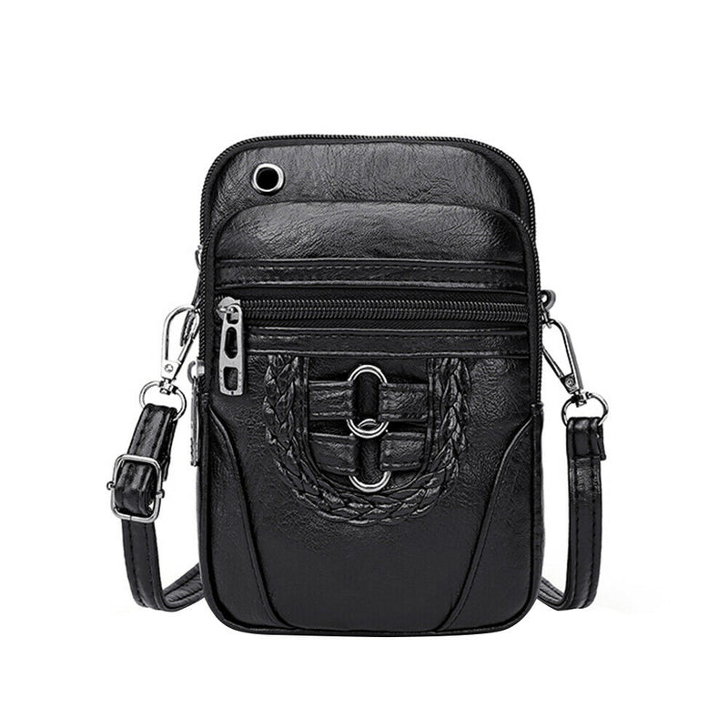 Women Soft PU Messenger Bag Multi-layer Shoulder Zipper Phone Pouch (Black)