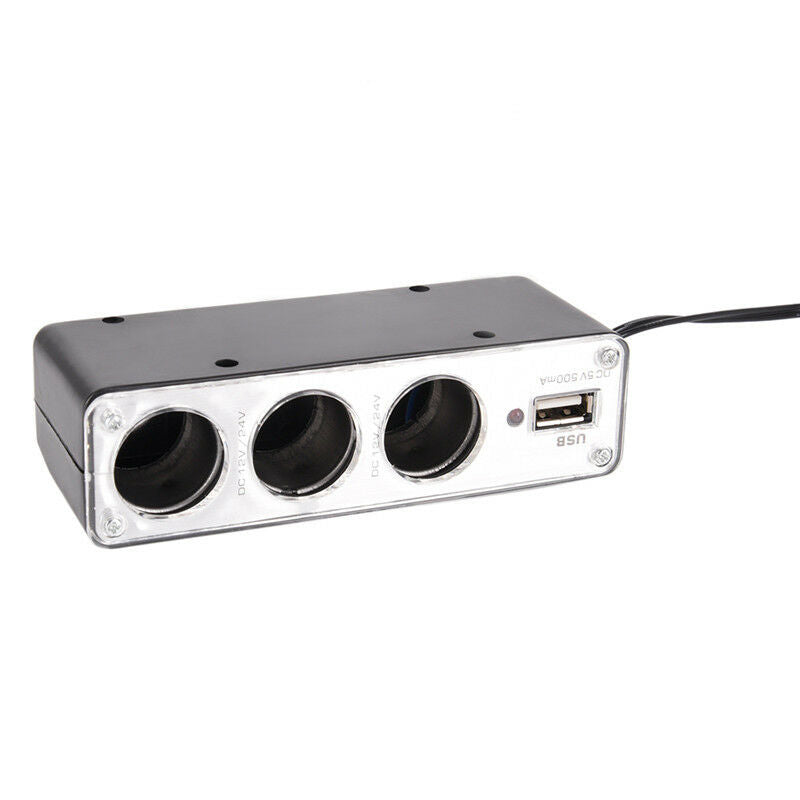Triple Socket Splitter Cigarette Lighter Adapter Plug & USB Port 3 Way Charge ^