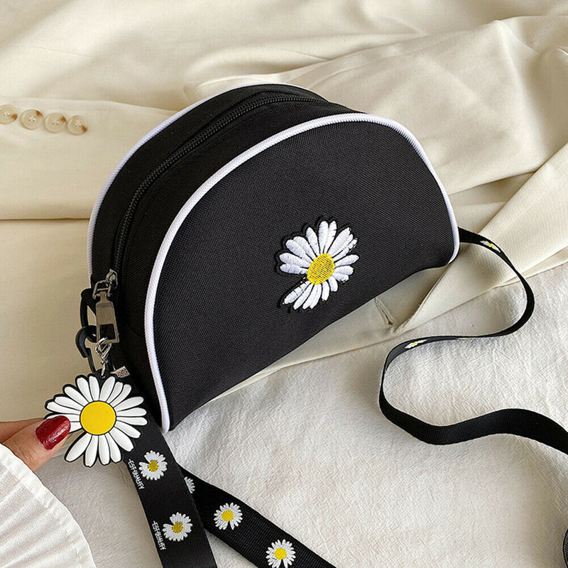 Women Canvas Crossbody Bag Semicircle Shoulder Flower Sling Handbag (Black)