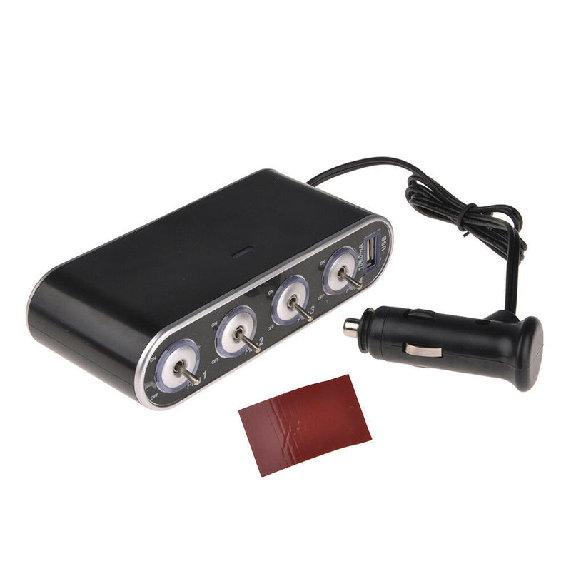 12V/24V In-Car USB Charger Four Sockets Cigarette Lighter with Fuse Mini Switch
