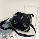 Luminous Butterfly Messenger Bag Women Drawstring Shoulder Handbag (Black)