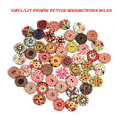 50x New Flower Picture Wood Buttons 2 Holes Mixed Color Apparel Sewing DIY Gifts
