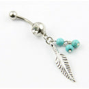 316L Surgical Steel 14 Gauge Leaf Dangle With Blue Beads Navel Belly Button