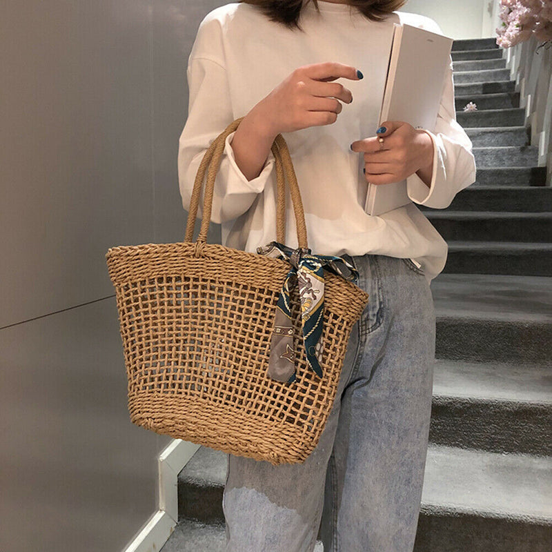 Women Straw Woven Shoulder Handbags Retro Girls Travel Vacation Beach Totes