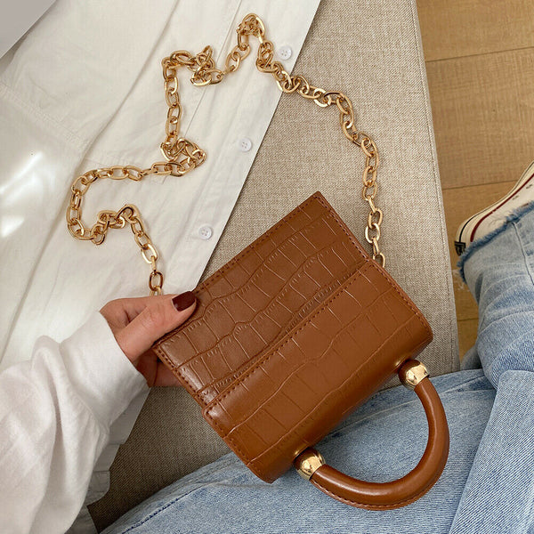 Women Mini Shoulder Bag Alligator PU Tote Chain Crossbody Pouch (Brown)