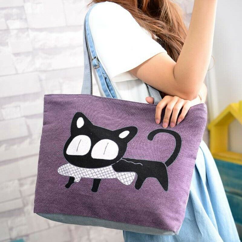 Girl cat eat fish shopping bag Shoulder Women Handbags beach tote bags hand E4P5