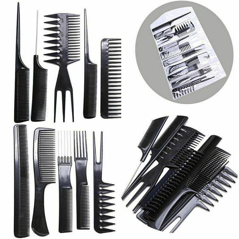 10pcs Salon Hair Cut Styling Hairdressing Barbers Combs Brush Set Black