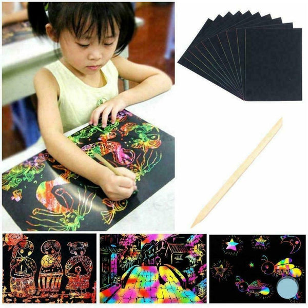 10 Sheets Magic Funny Scratch Art Painting Paper With Stick Kids Toys Drawi B2M2