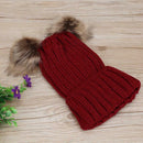 2pcs Parent-offspring Cap Baby Mom Pompon Winter Warm Knit Hat(Wine Red)