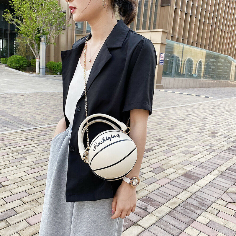 Round Basketball Women Leather Shoulder Messenger Bag Chain Handbag (White)