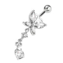 Crystal Butterfly Dangle Ball Barbell Bar Belly Button Navel Ring White