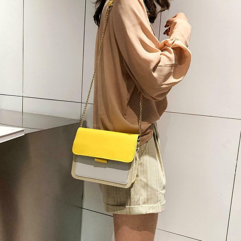 Hit Color Shoulder Handbags Women Chain Leather Flap Crossbody Bag (Yellow) A