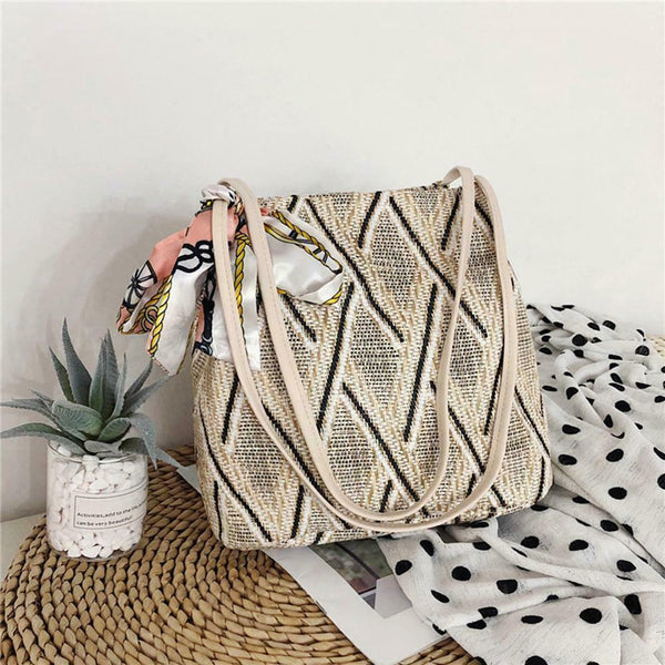 Silk Decor Shoulder Handbags Straw Women Top-handle Shopping Totes (Beige) A#S