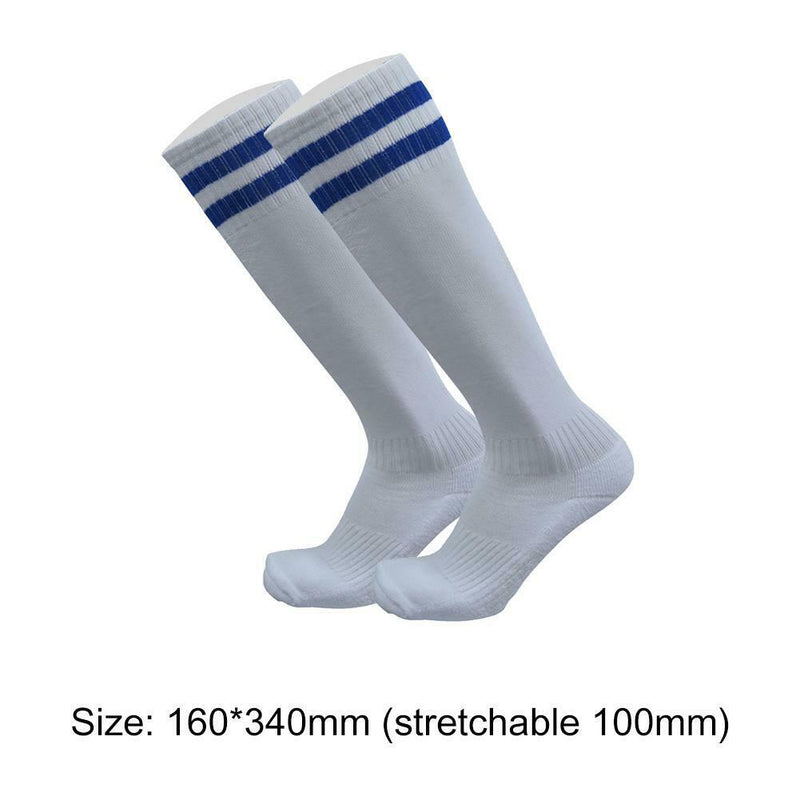 Child Sport Football Soccer Over Knee Kid Long Sock (White + Blue Stripe) A