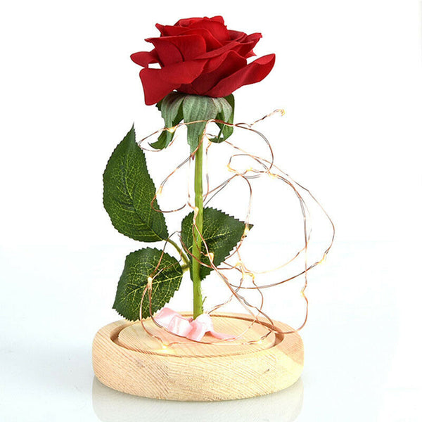Eternal Rose Flower Red Silk Rose and LED Light with Fallen Petals in Glass L4E8