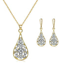 Boho Waterdrop Earrings Crystal Hollow Pendant Necklace Set Bride Jewelry
