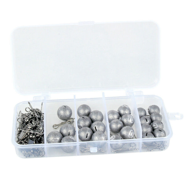 Fishing Weights Sinkers Kit 4 Sizes Cannonball Quick Insert With Tackle Box