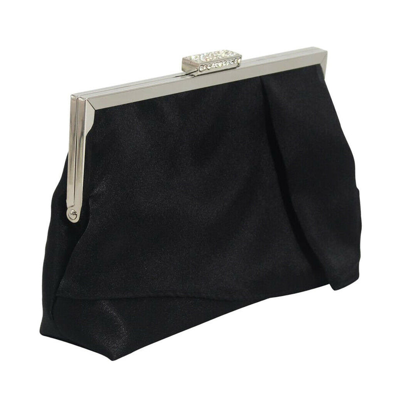 Black Satin Crystal Clustered Buckle Evening Clutch Bag Handbag Prom Purse
