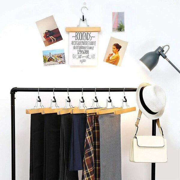 1 Set of 10 Trouser Clamp Hanger Solid Wood Anti-Slip Felt Hook Pant Skirt HZ8L2