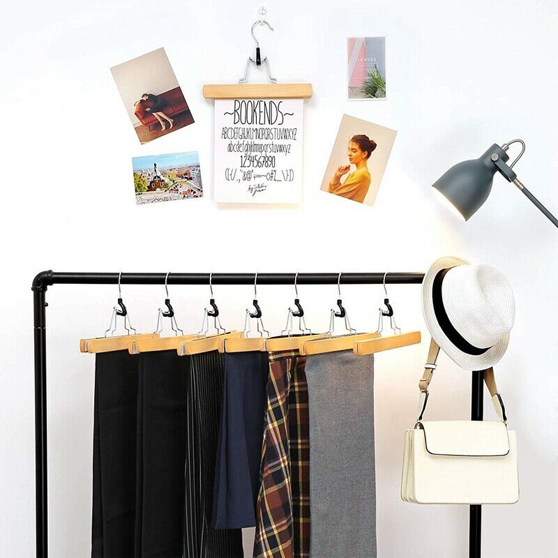 1 Set of 10 Trouser Clamp Hanger Solid Wood Anti-Slip Felt Hook Pant Skirt HZ8L2