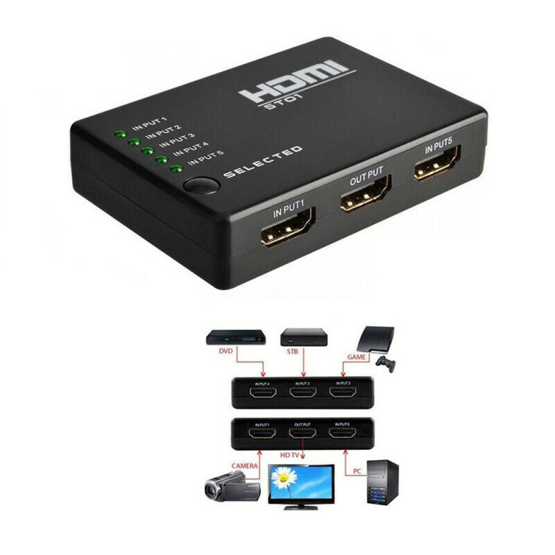 5 PORT HDMI Splitter Switch Selector Switcher Hub+Remote 1080p For HDTV ZKZ