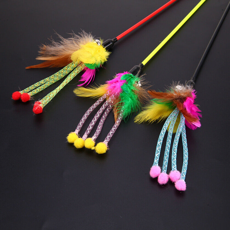 5pcs Funny Elastic Plastic Long Pole Colorful Flower Sticks Feather Tease A