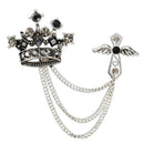 Men Clear Crystal Rhinestone Brooch Lapel Pin Crown Coat Suit Tassel Chain VCD