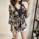 Women Plus Size Floral Print Chiffon Loose V-Neck Sleeve Top (Brown) (L)