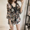 Women Plus Size Floral Print Chiffon Loose V-Neck Sleeve Top (Brown) (L)