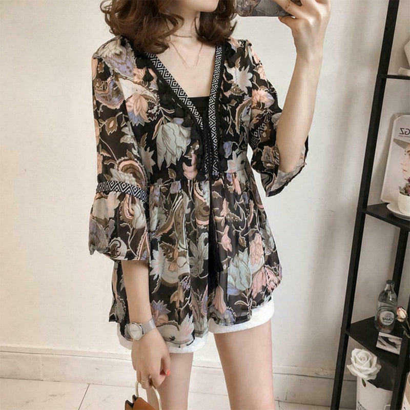 Women Plus Size Floral Print Chiffon Loose V-Neck Sleeve Top (Brown) (L)