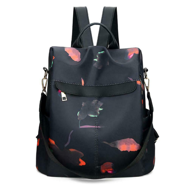 Women Print Black Nylon Backpack Anti Theft Girls Travel School Shoulder Bag