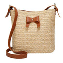 Women Summer Casual Shoulder Bow Straw Woven Bucket Crossbody Bag(Brown)