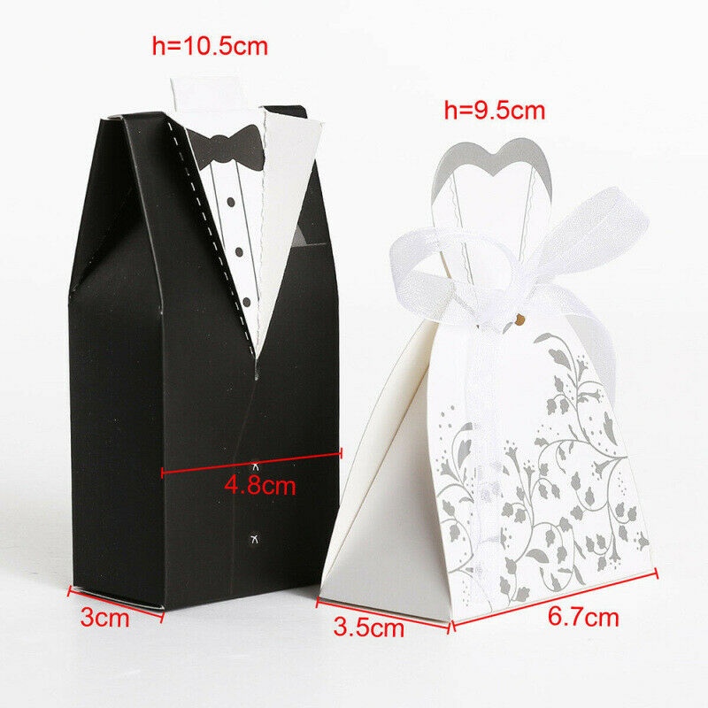 100pcs Wedding Favor Boxes Dress Tuxedo Party Candy Gift Bride Groom Shower ZET